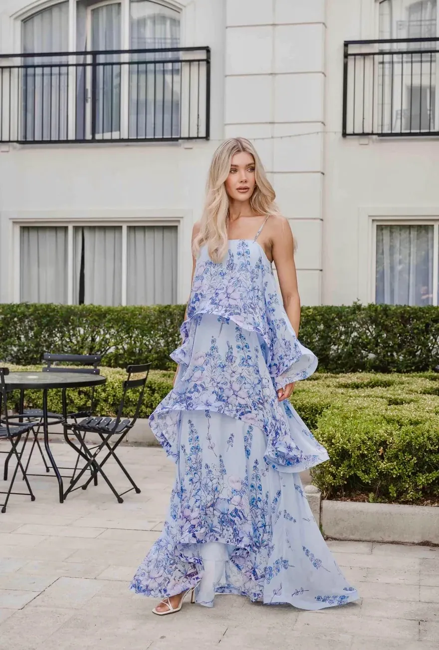 Armani Tiered Maxi Dress Baby Blue & Floral Print Size 8 by Elliatt