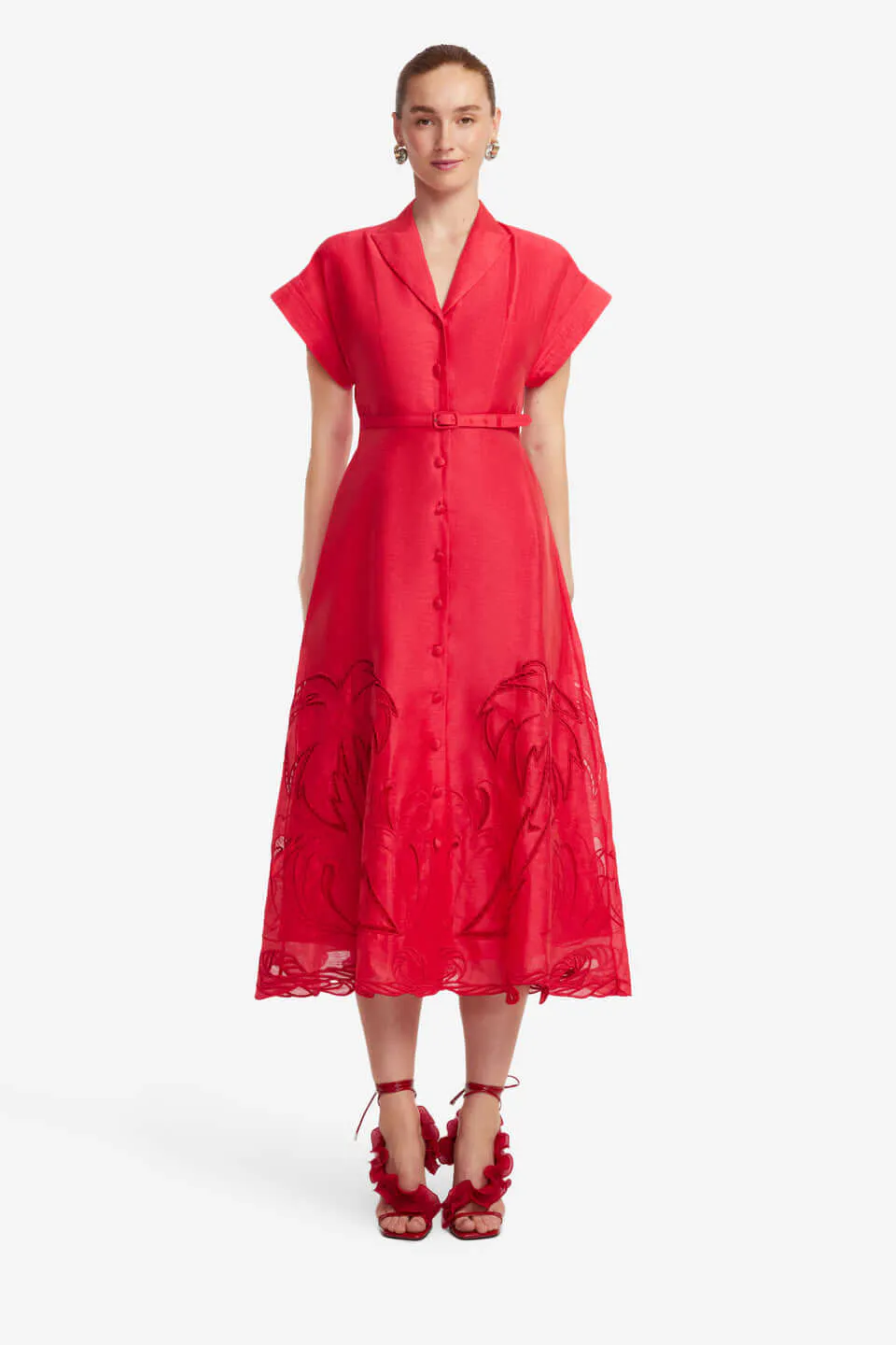 Aubrey Palm Shirt Midi Dress Scarlet Red Size 8, 10 & 12 by Leo Lin