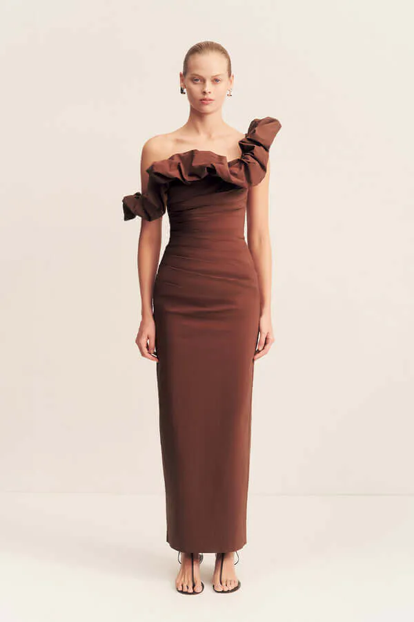 Cambell Ruffle Draped Maxi Dress Espresso Brown Size 8, 10, 12 & 14 by Shona Joy