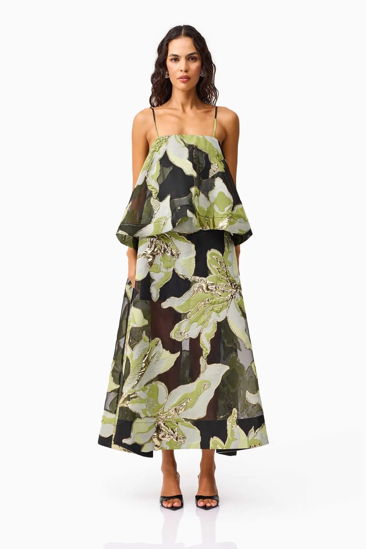 Elysia Tiered Gown Maxi Dress Black & Green Floral Size 8, 10, 12 & 14 by Elliatt