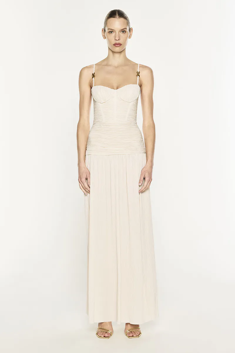 Double Time Pleated Nougat Maxi Dress Cream Size 8 by Manning Cartell