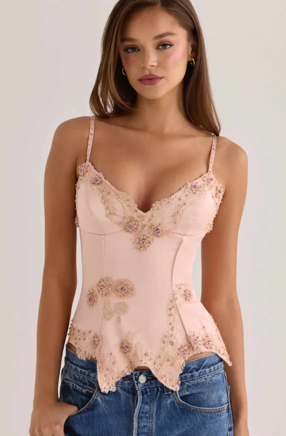 Saloma Blush Satin Custom Hand Beaded Embellished Corset Top Pink Size XS / AU 6-8 by House Of CB