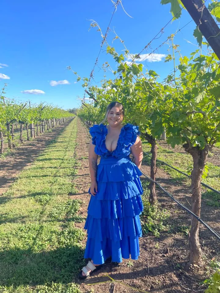 Imagination Frill Sleeve Top Size 14 & Eleni Tiered Maxi Skirt Size 12 Set Blue by Aje