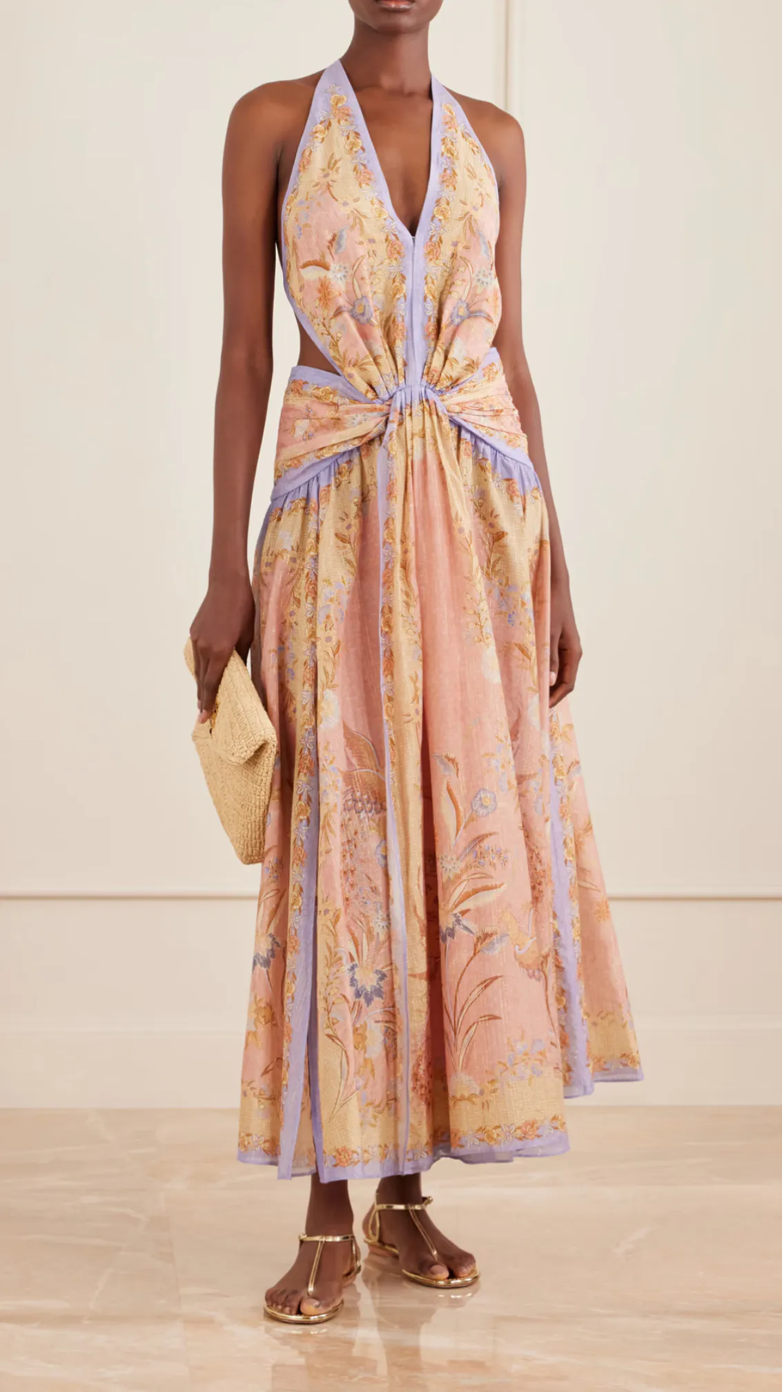 Indra Plunge Halter Maxi Dress Pink & Scarf Floral Print Size 0P / AU 6P by Zimmermann