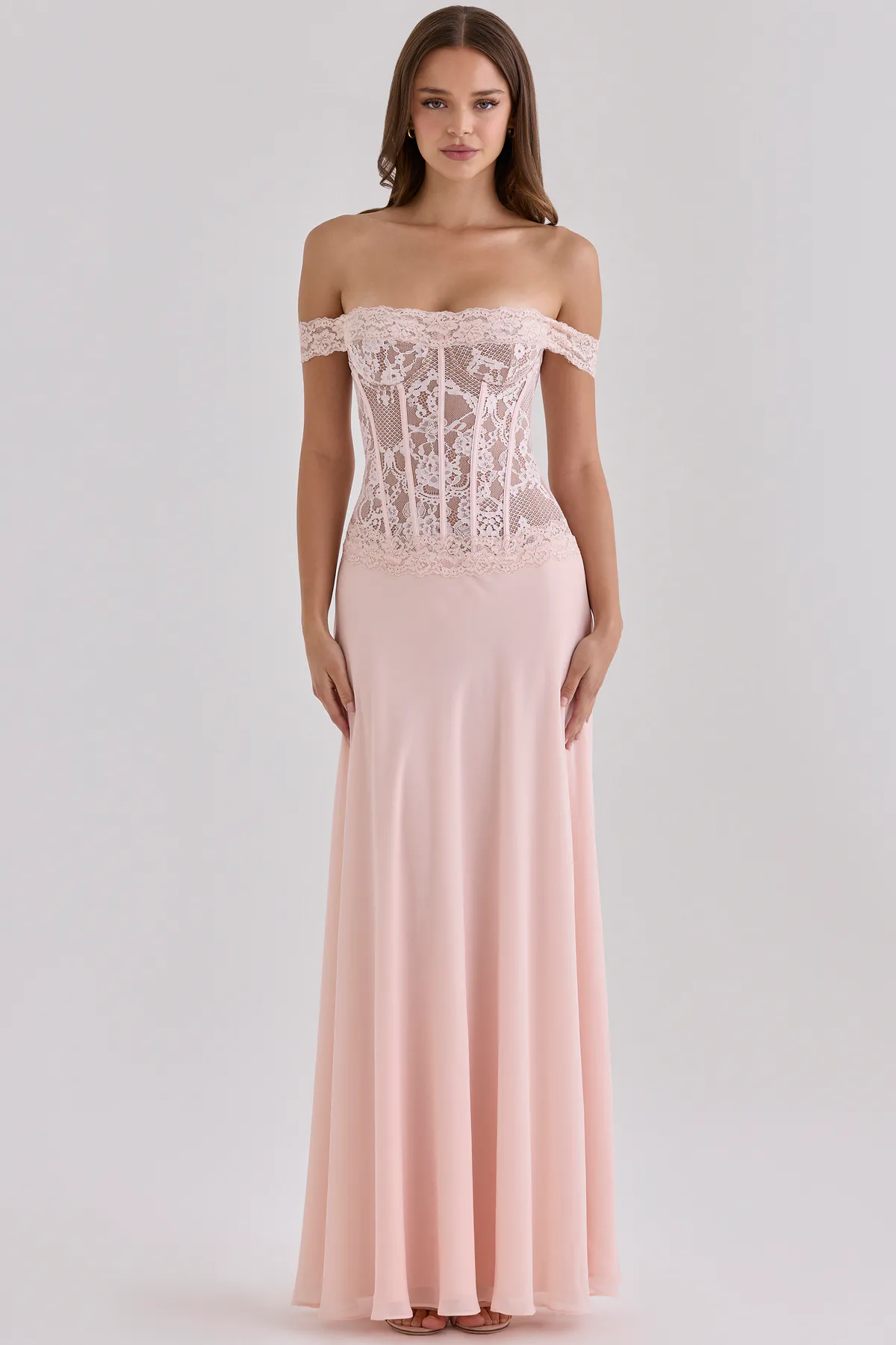 Nerina Lace Georgette Corset Maxi Dress Pink Size XS / AU 6-8 by House Of CB