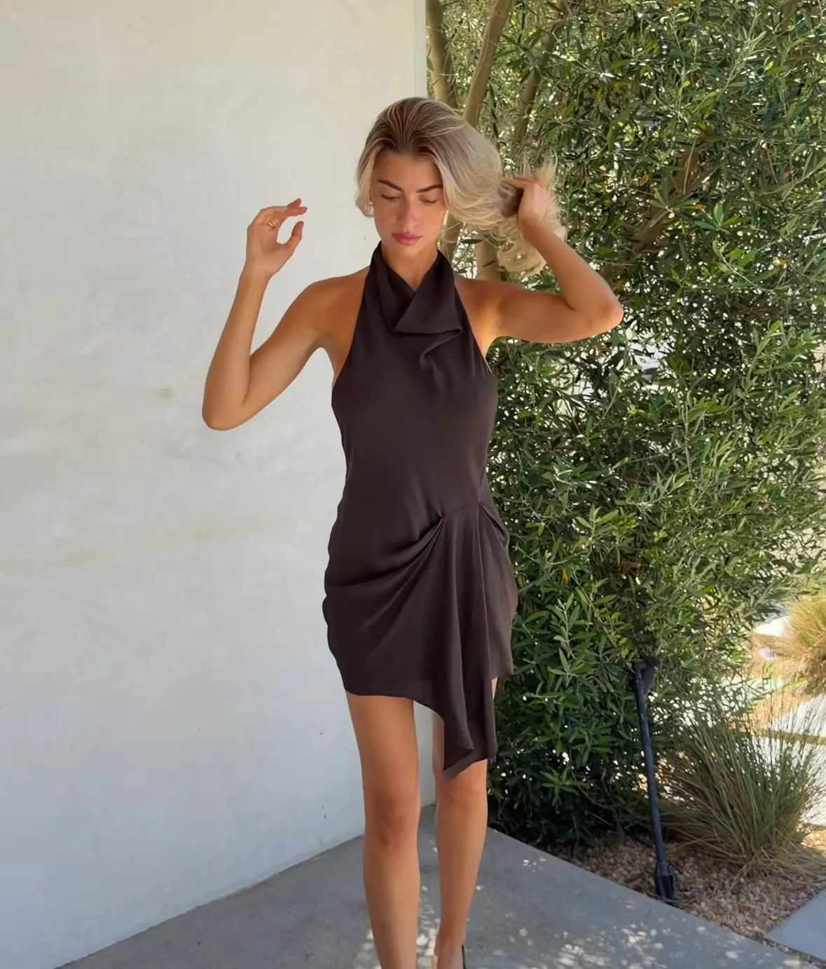 Draped Halter Mini Dress Chocolate Brown Size XS / AU 6 & S / AU 8 by Venroy