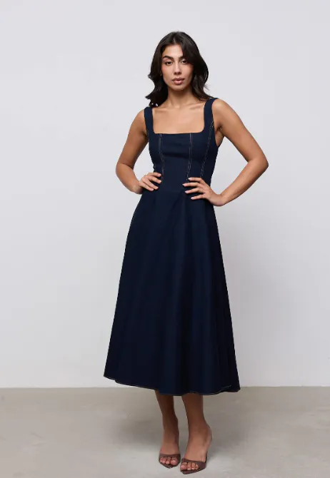 Cotton Mix Square Neck Denim Midi Dress Dark Denim Blue Size M / AU 10 by Odd Muse