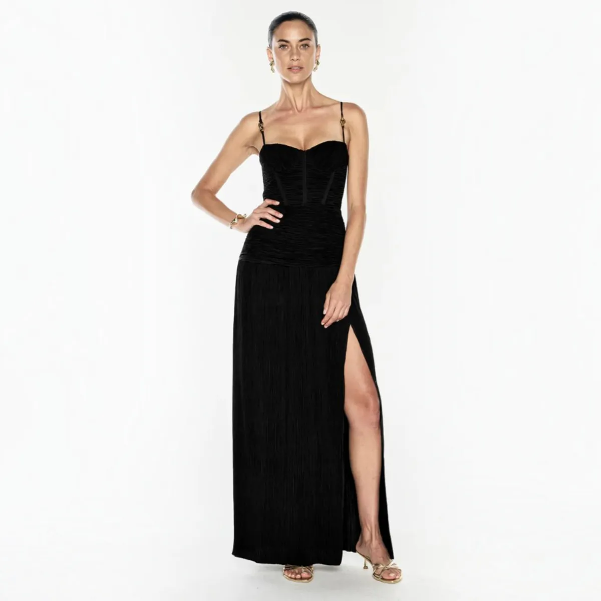 Double Time Pleat Maxi Dress Black Size 8 by Manning Cartell