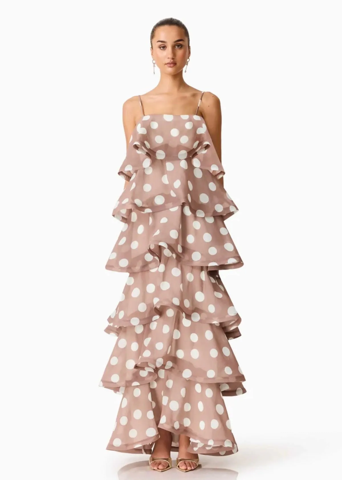 Sola Tiered Maxi Dress Brown & Polkadot Print Size 10 & 14 by Elliatt