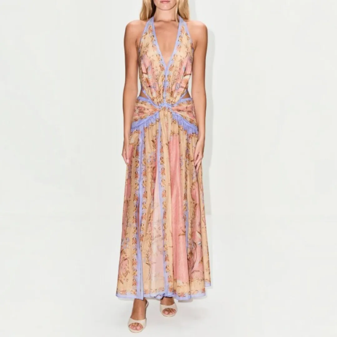 Indra Plunge Halter Maxi Dress Pink Scarf Floral & Multi Size 0 / AU 8 , 1 / AU 10 & 2 / AU12 by Zimmermann
