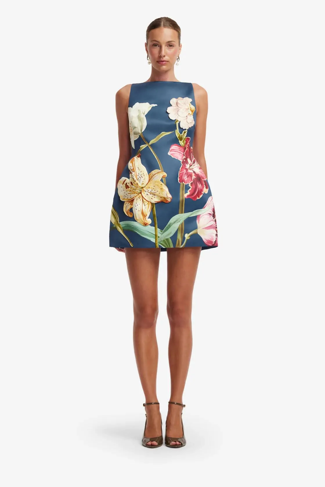 Ali Embroidered Mini Dress Lily Print & Indigo Blue Size 6, 8, 10 & 12 by Leo Lin