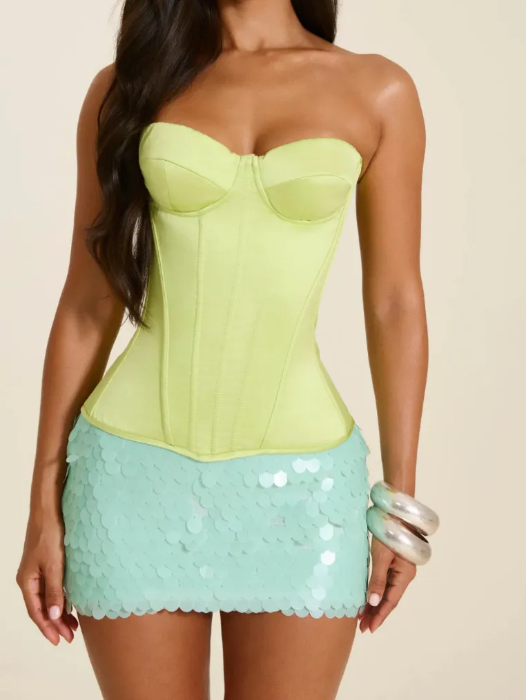 Sasha Satin Corset Top & Shimmi Sequin Micro Mini Skirt Set Lime Green & Blue Size 6 by Mars The Label
