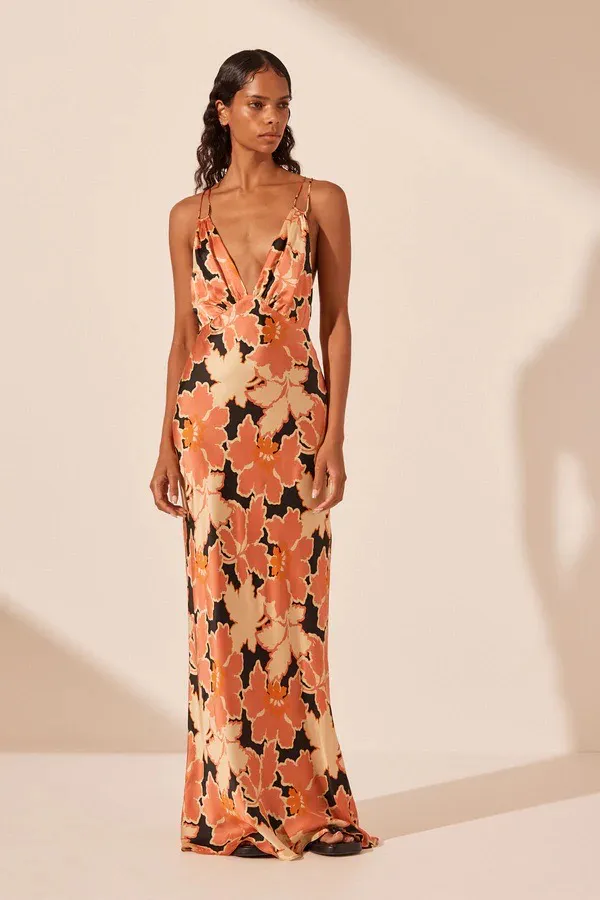 Rosa Silk Plunged Double Strap Maxi Dress Multi & Print Size 8 by Shona Joy