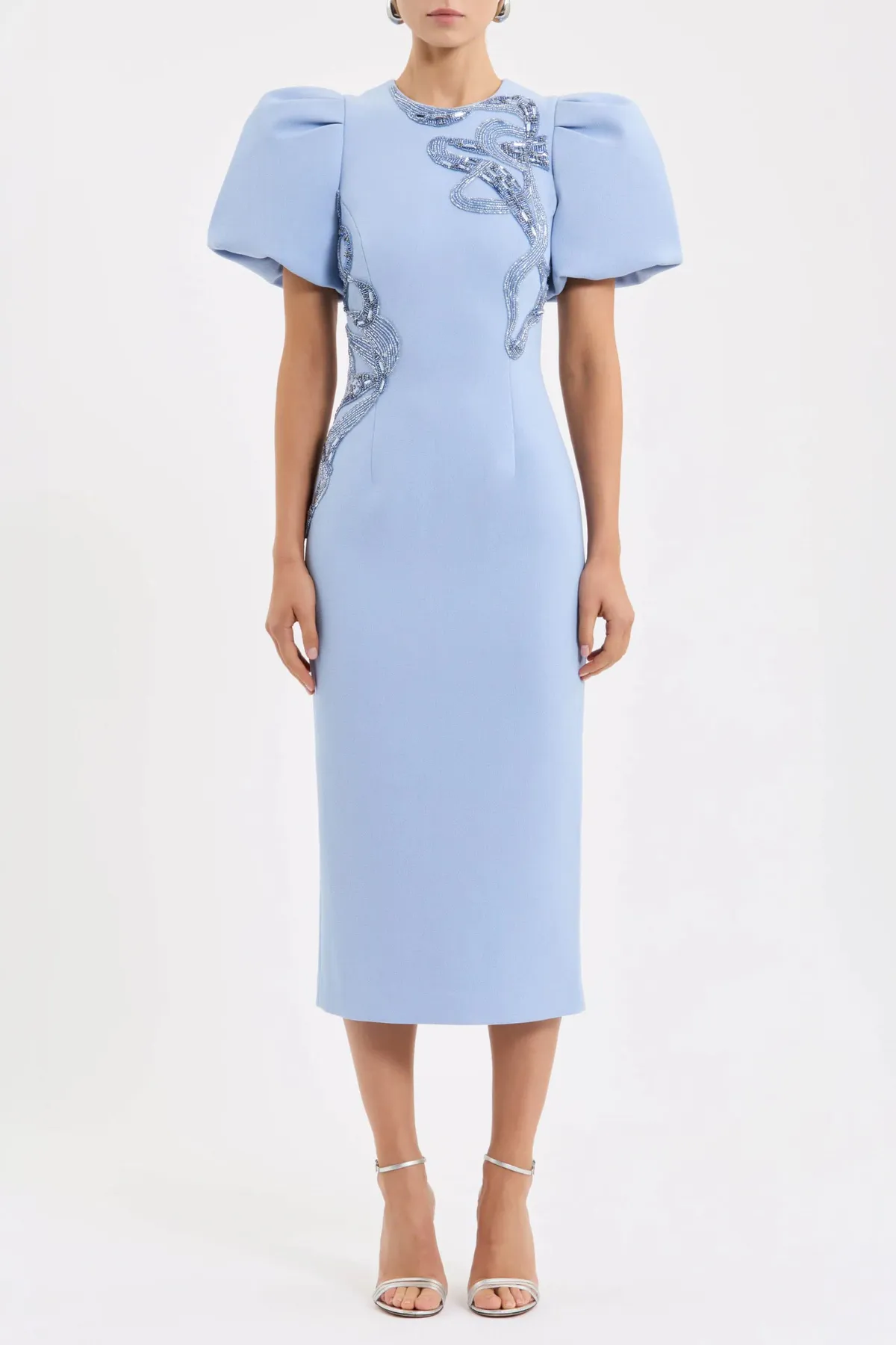Aylin Puff Sleeve Midi Dress Blue Size 10 by Rebecca Vallance