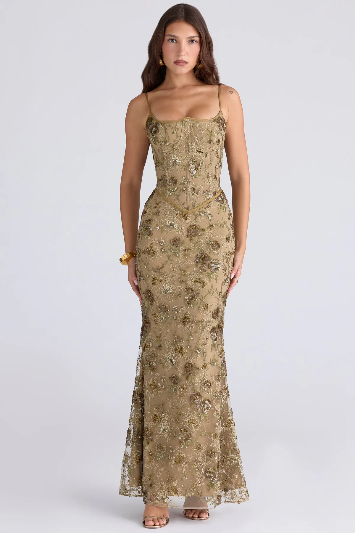 Naima Bronze Hand Beaded Embellished Corset Maxi Dress Olive Green Size XS / AU 6-8 by House Of CB