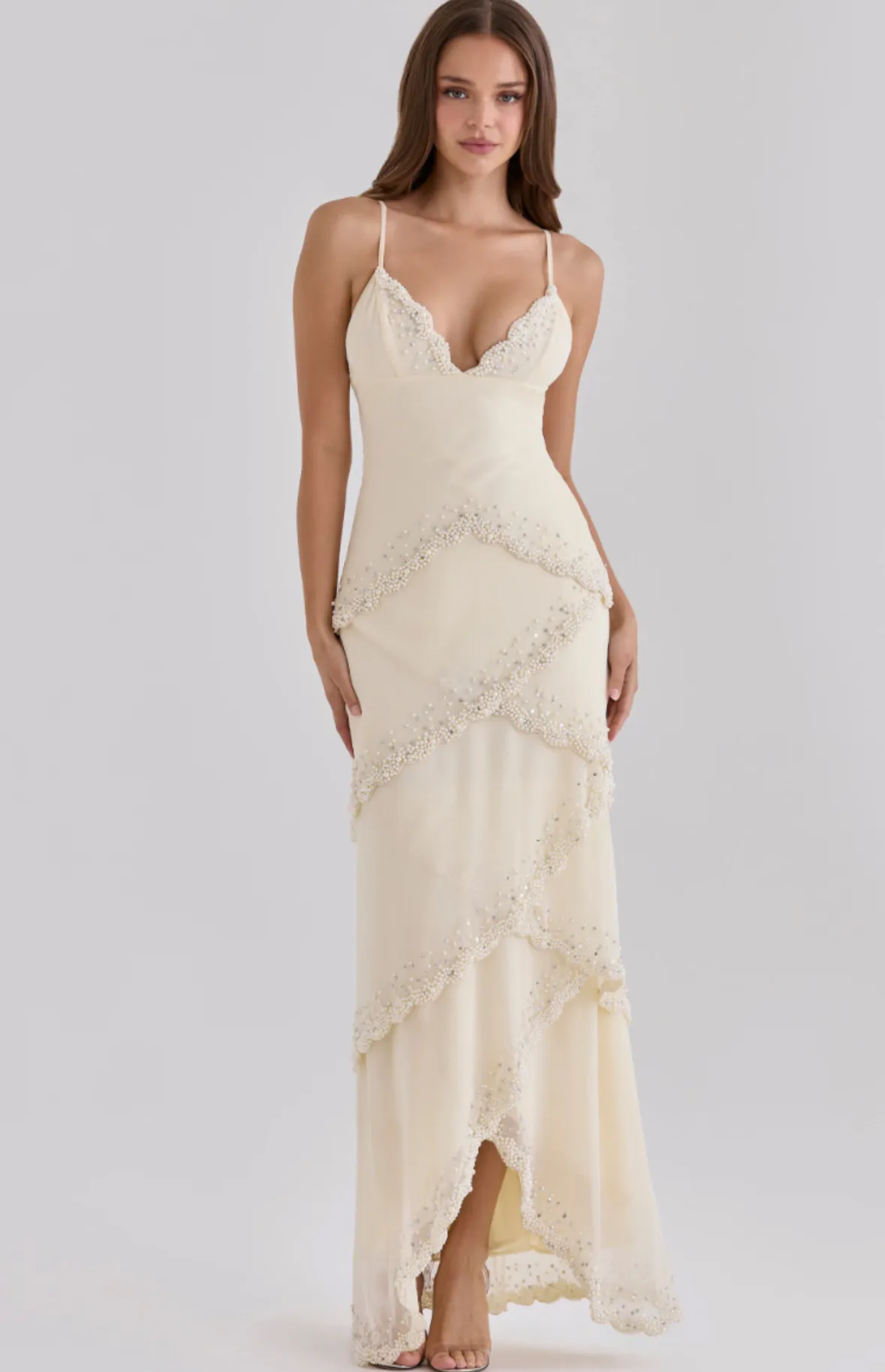 Sorelle Vanilla Georgette Hand Embellished Tiered Maxi Dress Cream Size XS / AU 6-8 by House Of CB