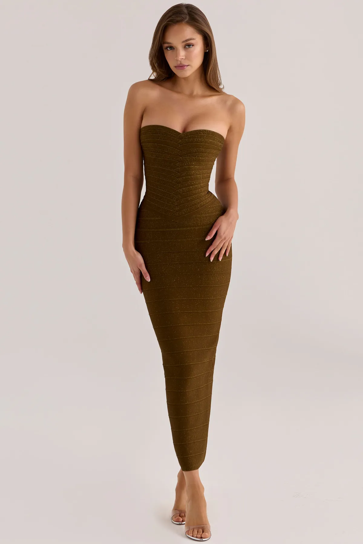 Olive Shimmer Strapless V Waist Bandage Maxi Dress Green Size 6 & 8 by House Of CB