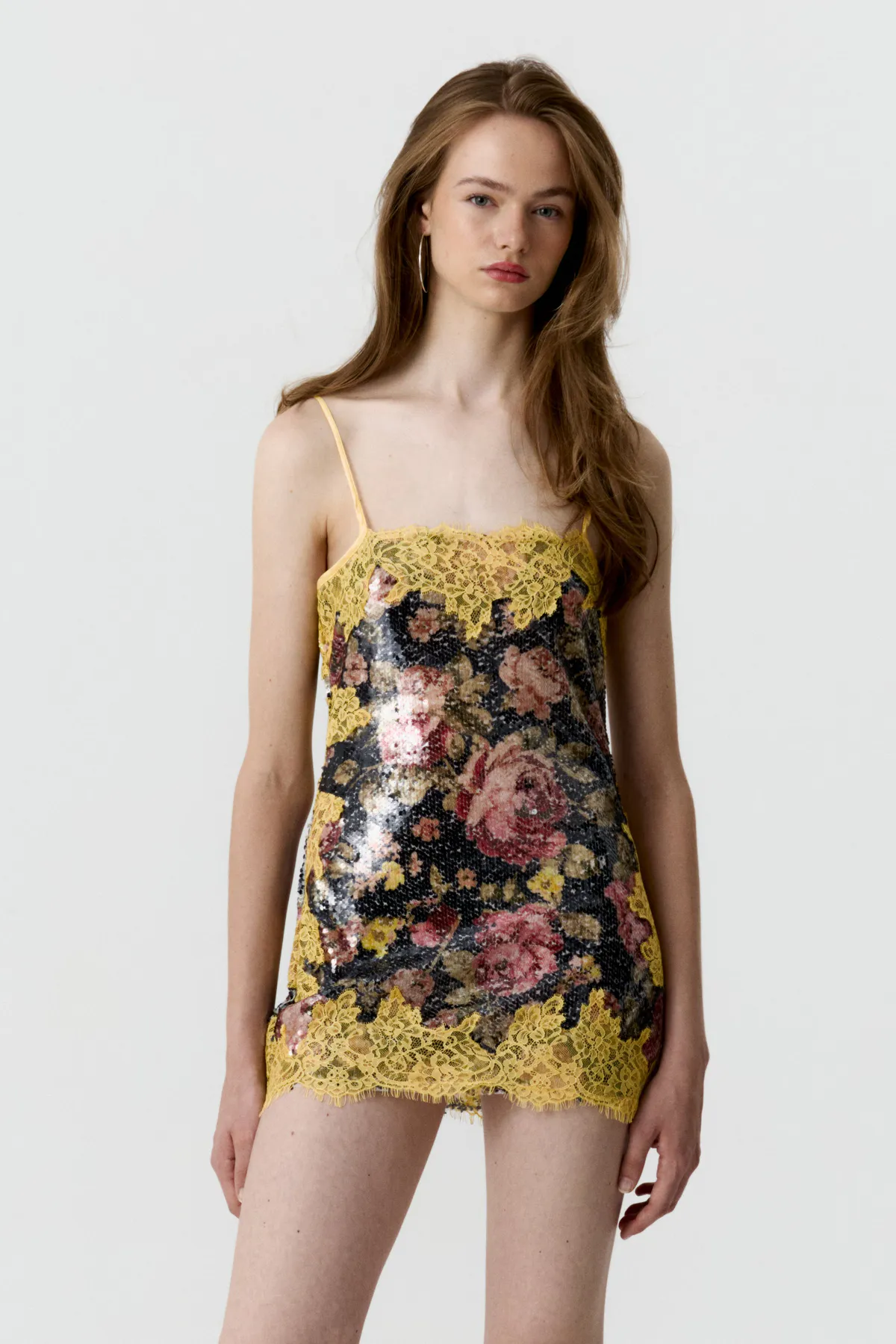 Phineas Sequin Lace Mini Dress Yellow & Floral Print Size XS / AU 6 by Hand Over