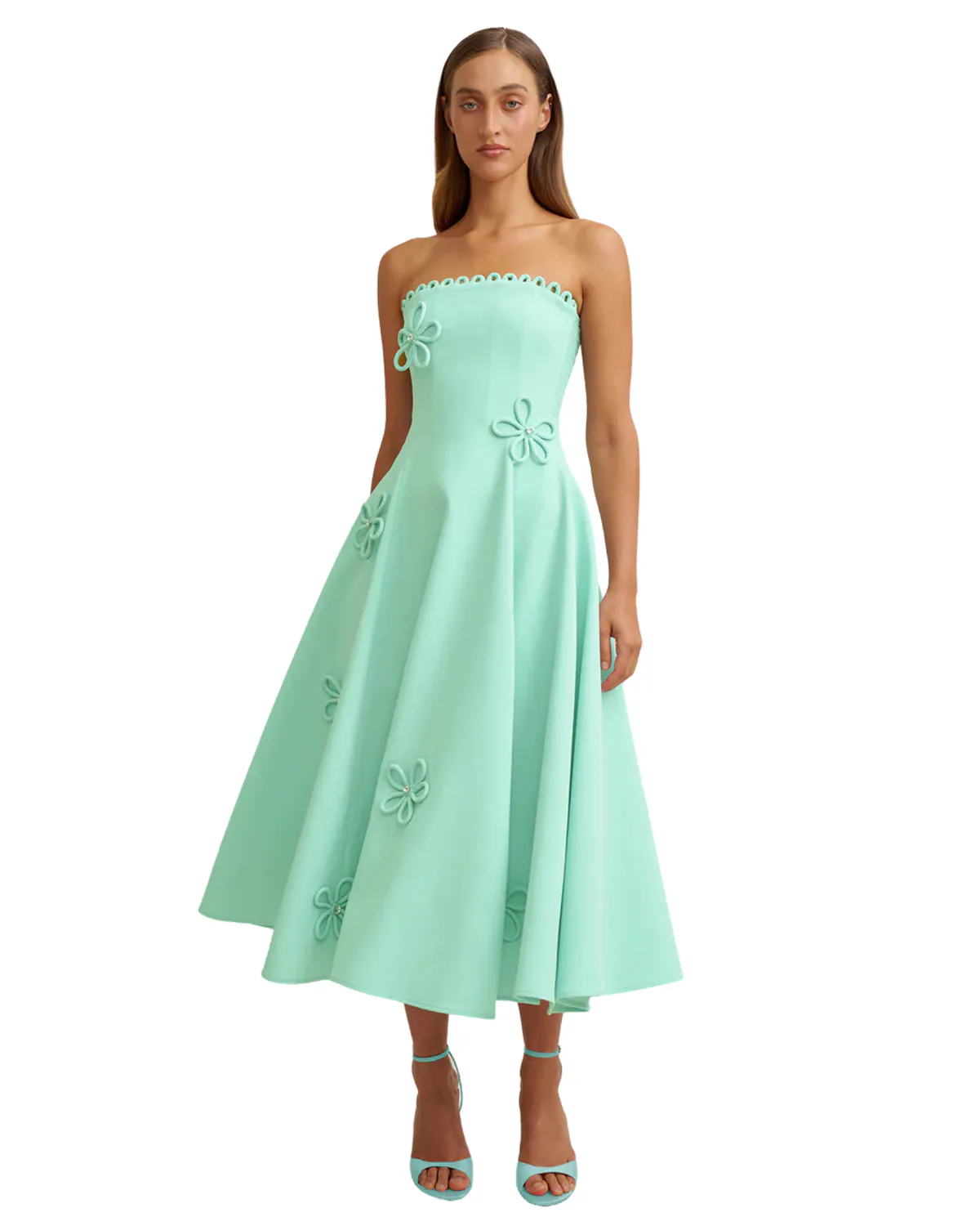 Sky Flower Strapless Midi Dress Cabana Blue Green Size 12 by By Johnny
