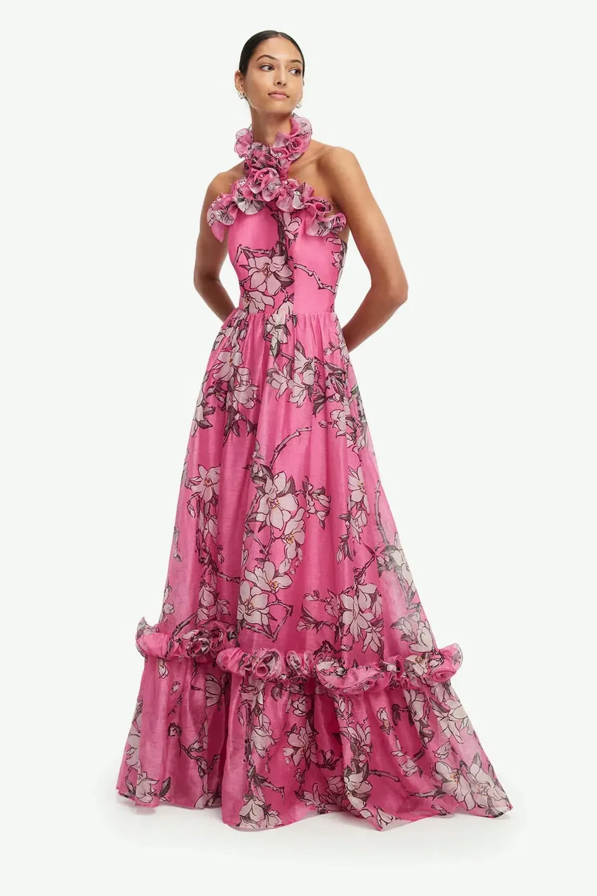 Isabelle Ruffled Halterneck Maxi Dress Pink & Print Size 6, 8, 10 & 12 by Leo Lin