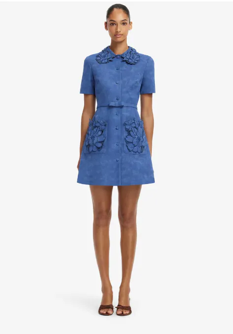 Ashley Applique Vegan Suede Mini Dress Azure Blue Size 6, 8, 10, 12 & 14 by Leo Lin