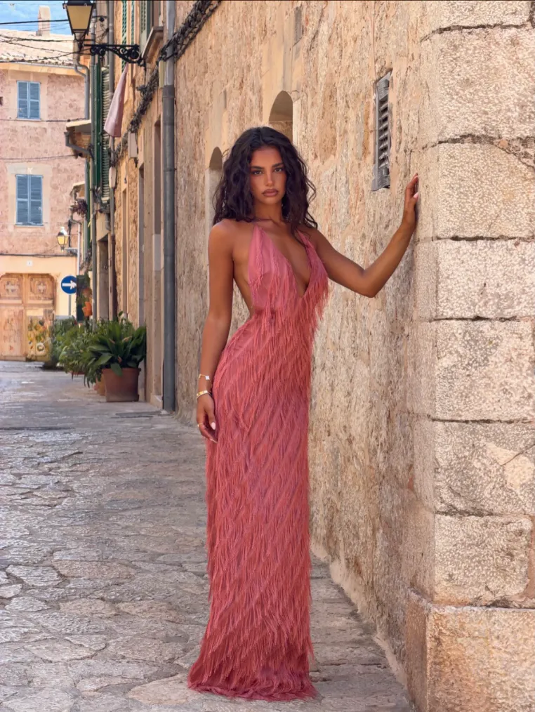 Noa Fringe Halter Gown Dress Peach Pink Size XS / AU 6 & S / AU 8 by Jasook