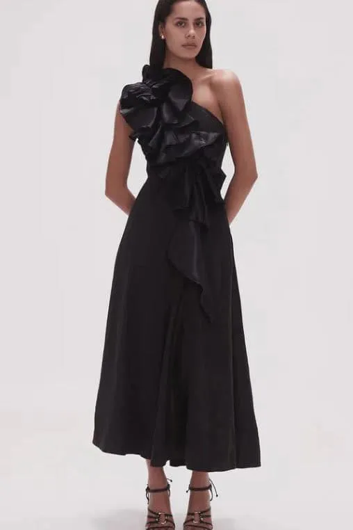 Adelia Ruffle Midi Dress Black Size 8 by Aje