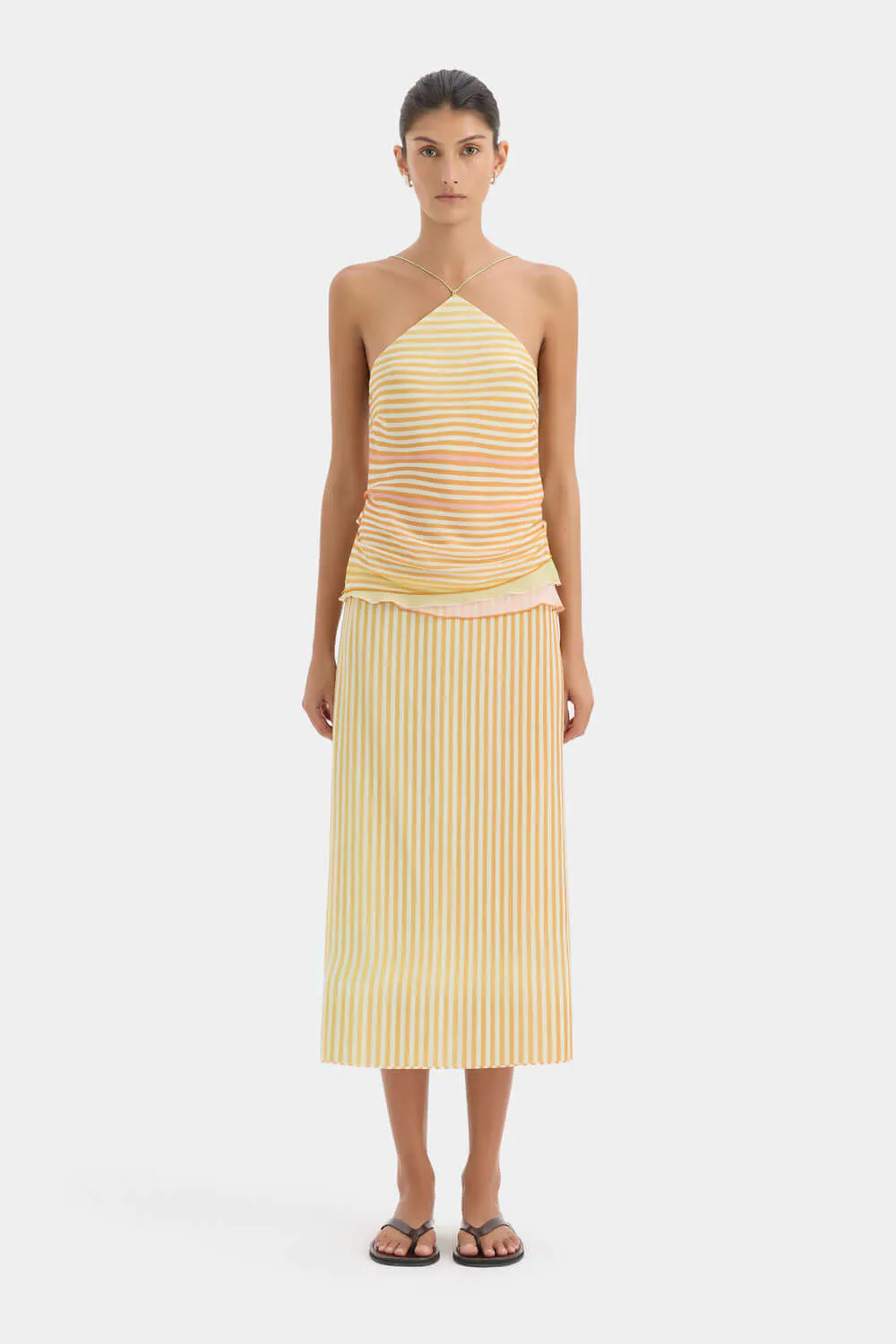 Calypso Layered Top & Midi Skirt Set Sorbet Stripe Print & Yellow Size 1 / AU 8 & 2 / AU 10 by SIR