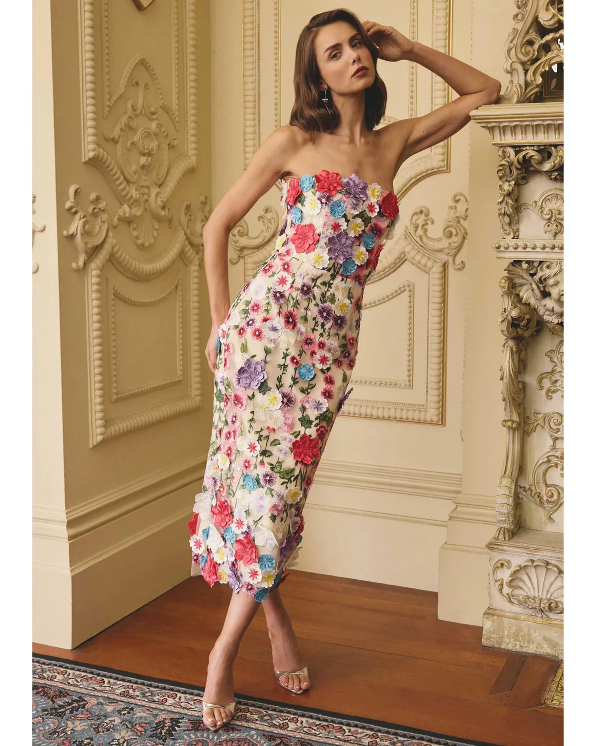 Rosette Strapless Midi Dress Multi Floral Size L / AU 12 by Elliatt