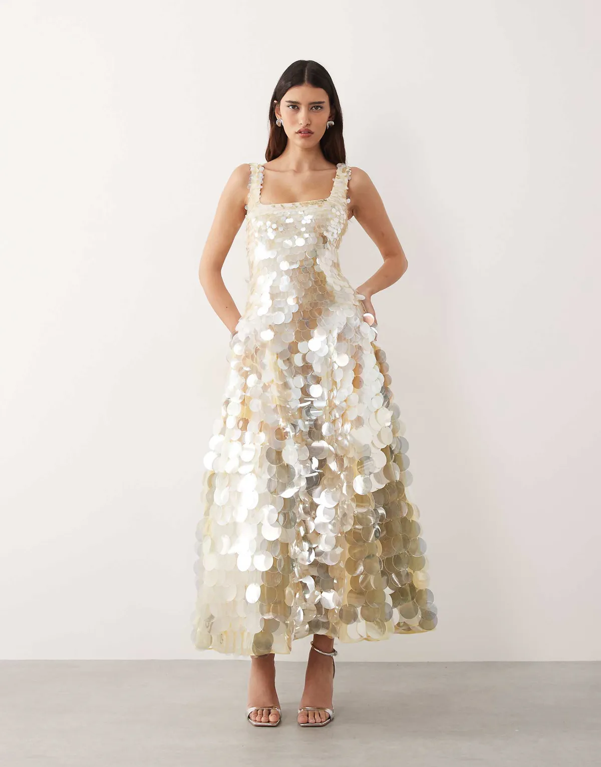 Arrange Embellished Disc Sequin Midi Dress Gold Size 8 & 10 by ASOS