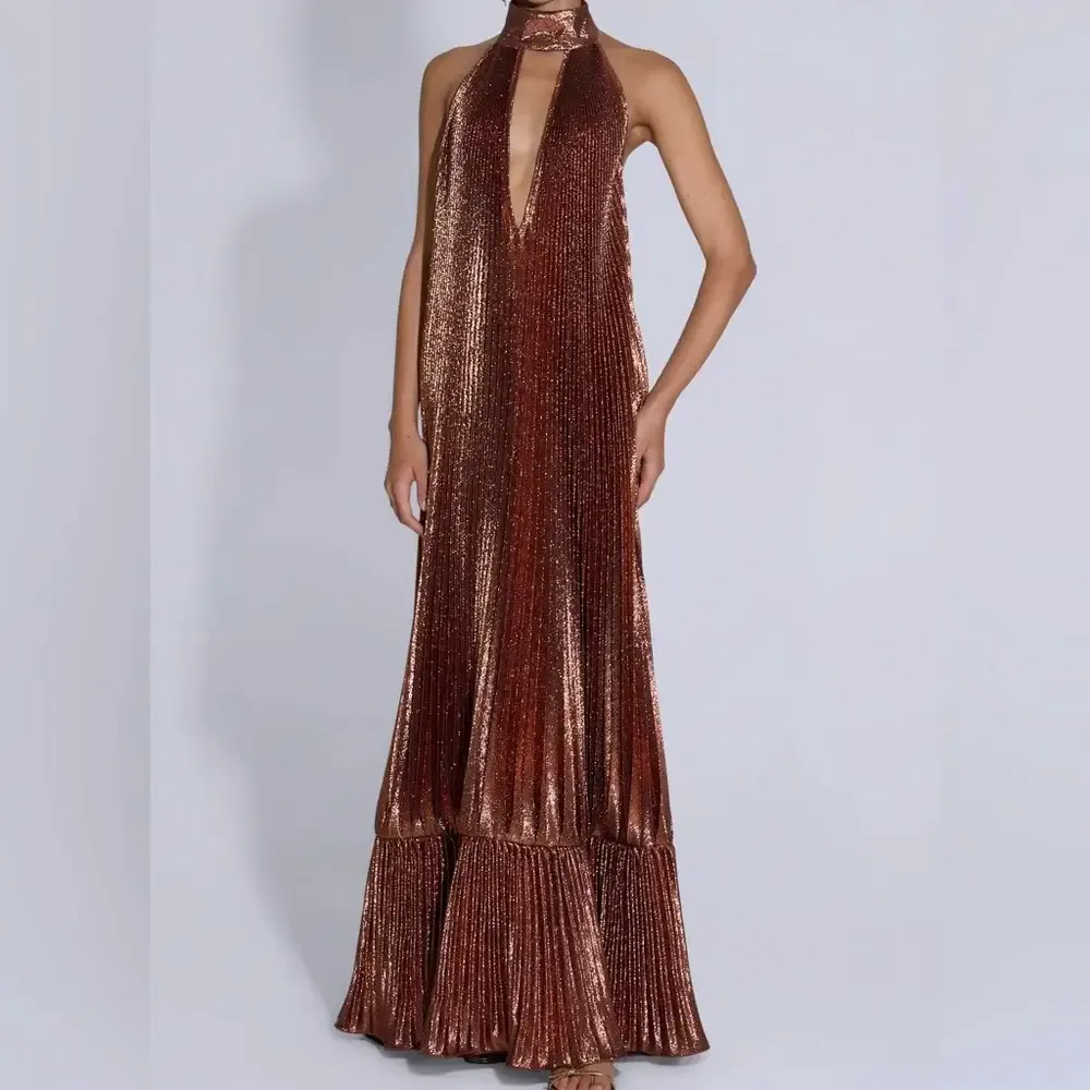 Libertie Gown Maxi Dress Bronze Glitter Brown Size 6 by L'IDEE