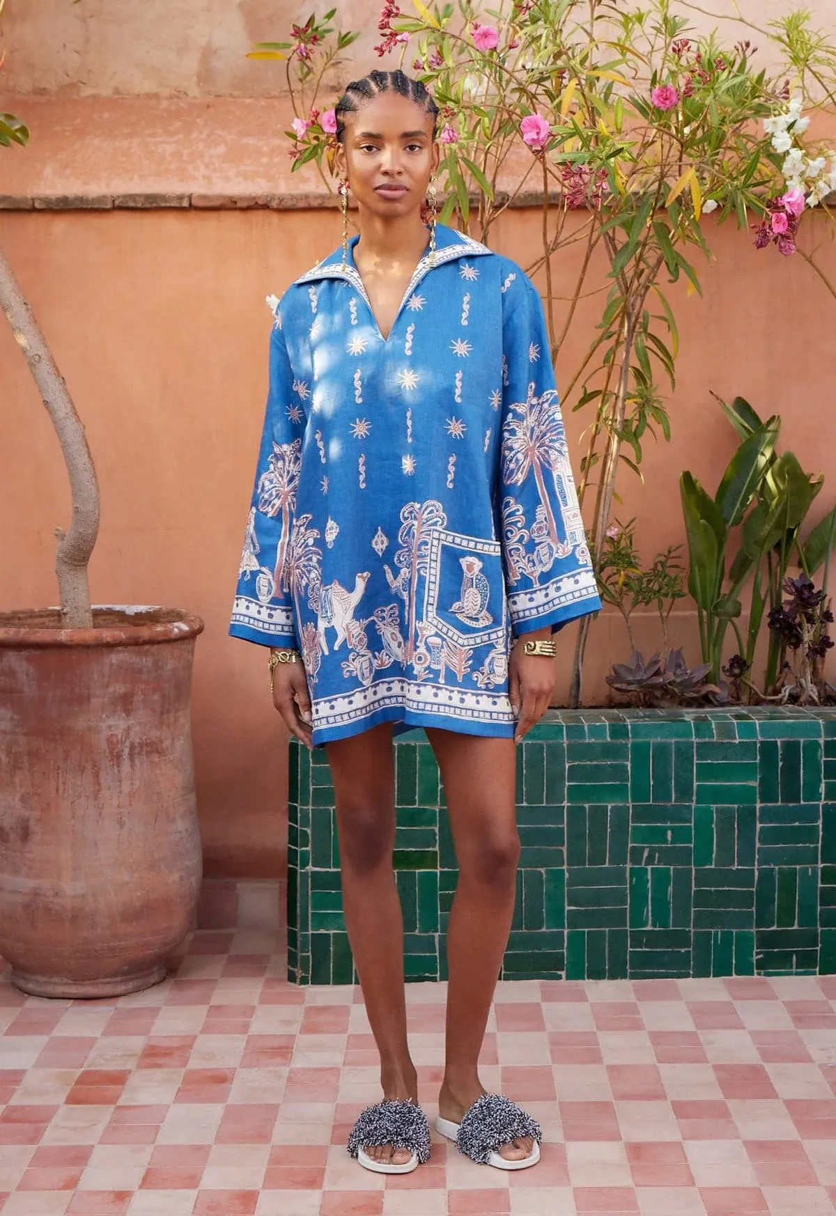Acacia Long Sleece Mini Dress Blue & Print Size 16 by Alemais