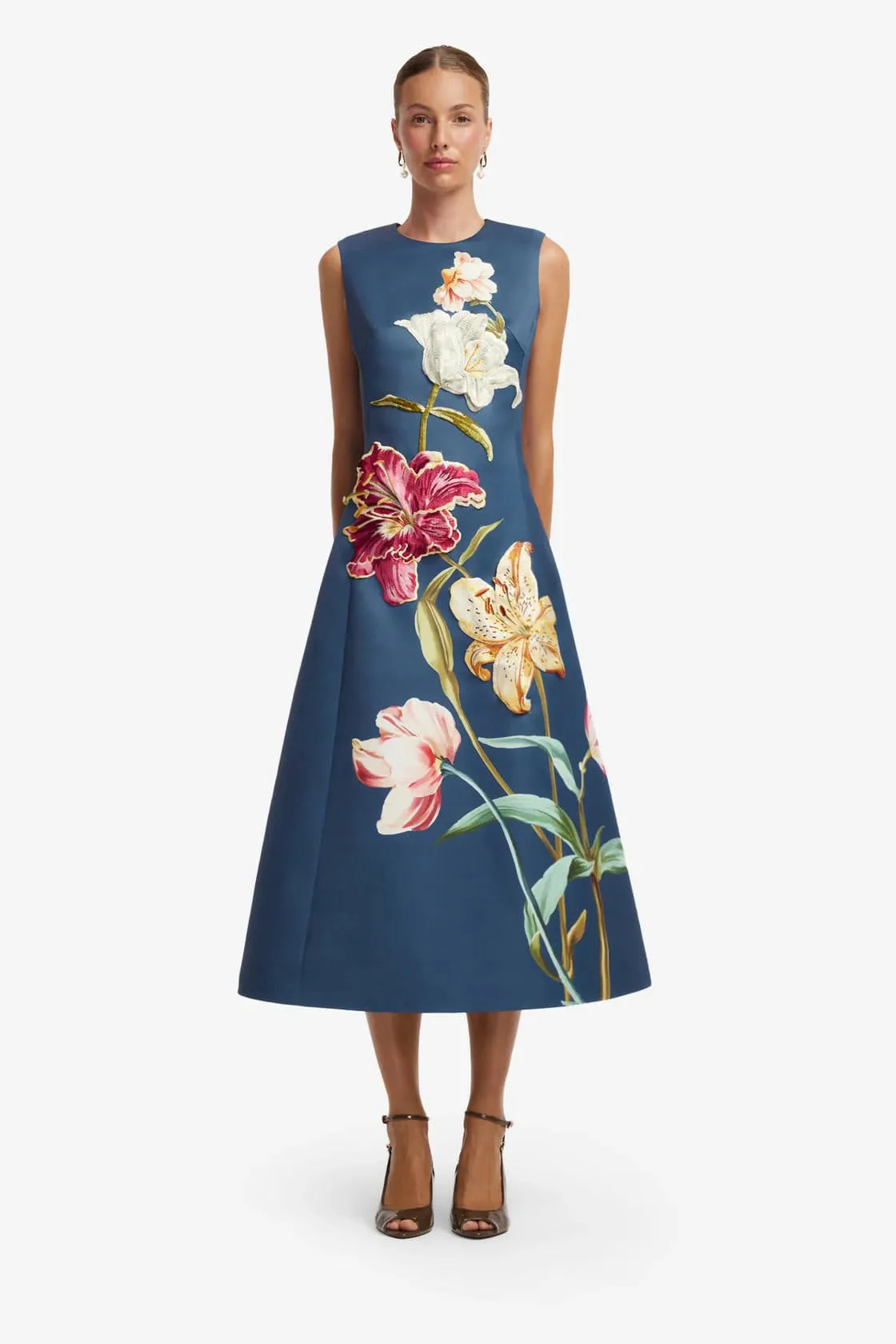 Cleo Embroidered Sleeveless Midi Dress Lily Print & Indigo Blue Size 12 & 14 by Leo Lin