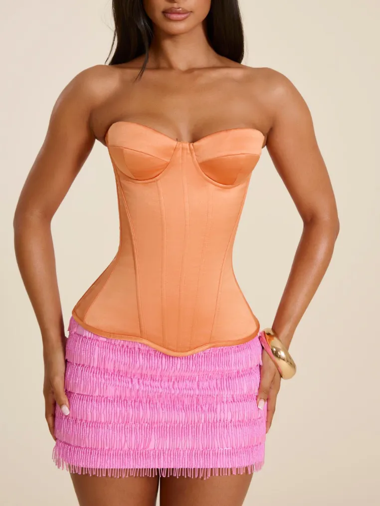 Sasha Satin Corset Top & Avena Beaded Mini Skirt Set Orange & Pink Size 6 by Mars The Label