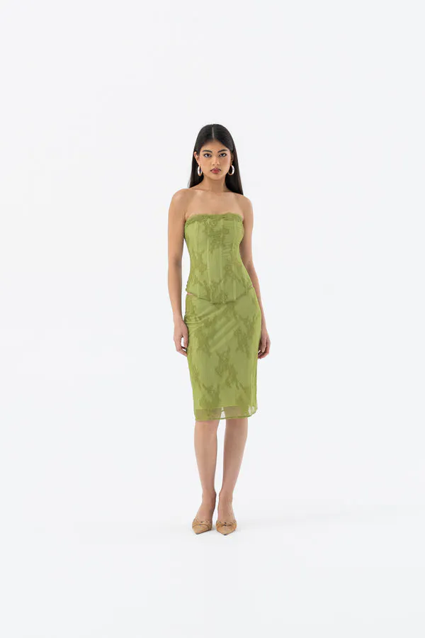 Inez Lace Corset Top & Midi Skirt Set Lime Green Size XS / AU 6 by HNTR The Label