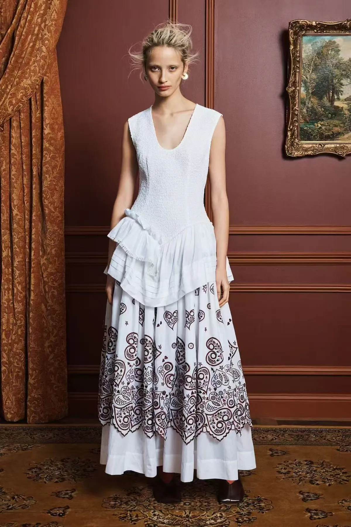 Bobby Embroidered Cotton Midi Dress Brown & White Size 8 & 10 by Alemais