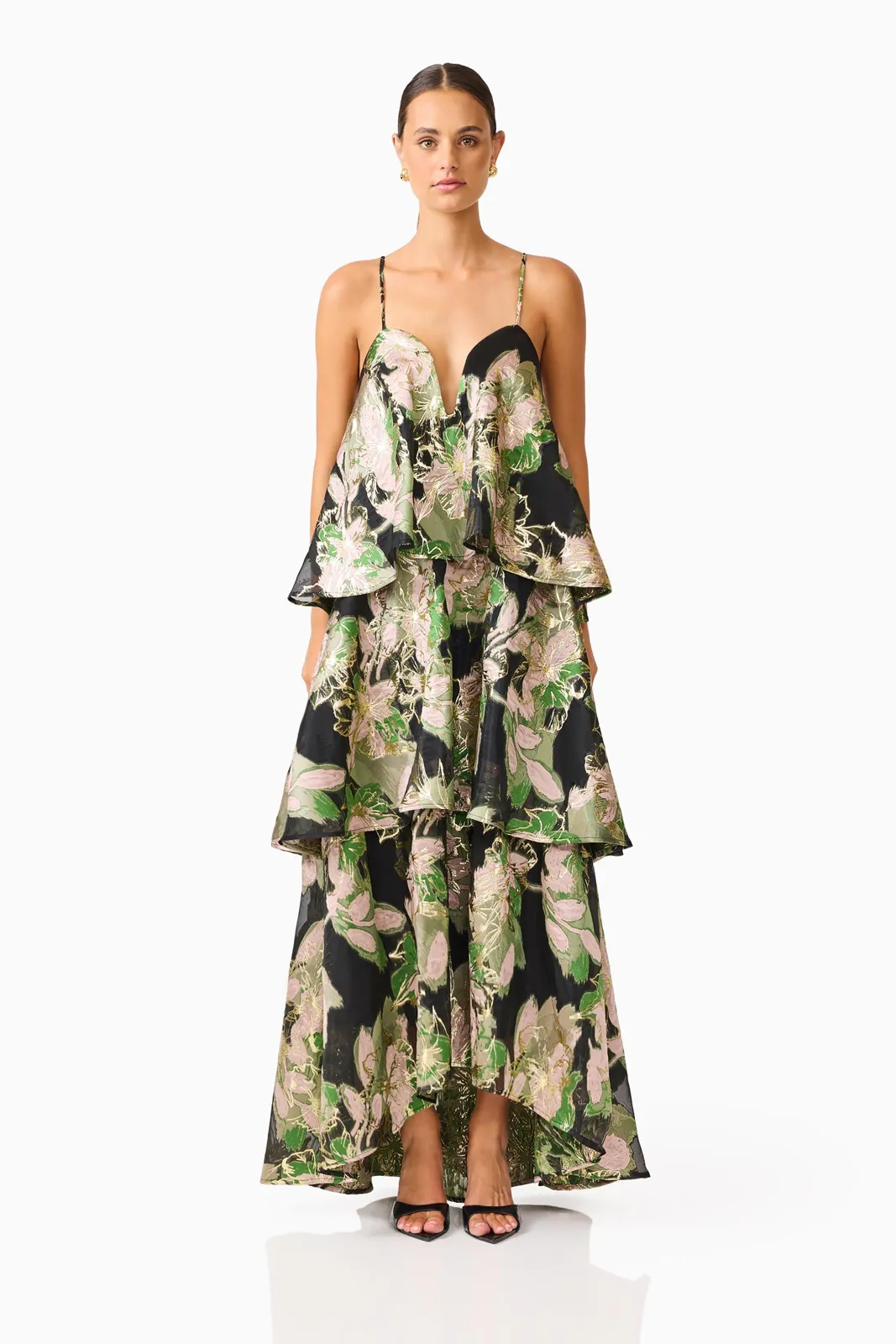 Florayne Tiered Maxi Dress Black Green Floral by Elliatt