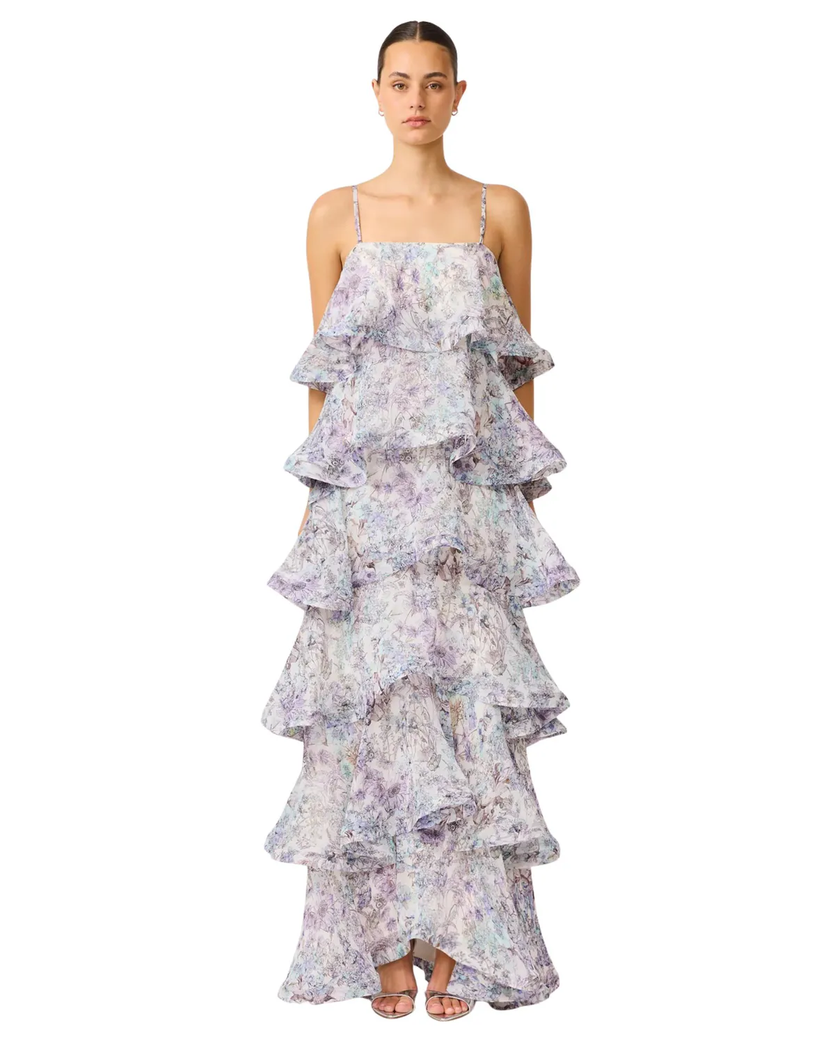 Rosaria Tiered Gown Maxi Dress Purple Floral & Multi Size M / AU 10 & L / AU 12 by Elliatt