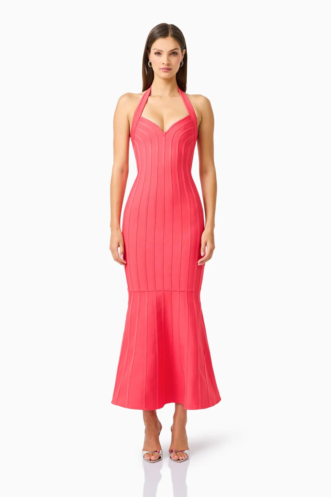 Virella Bodycon Halter Gown Coral Red by Elliatt