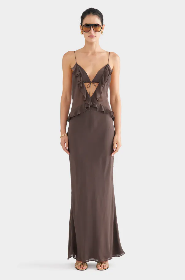 Silk Bralette Ruffle Maxi Dress Brown Size S / AU 8 by Venroy