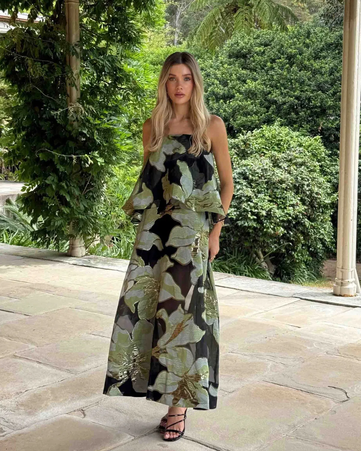 Elysia Tiered Gown Maxi Dress Black & Green Floral Size L / AU 12 & XL / AU 14 by Elliatt