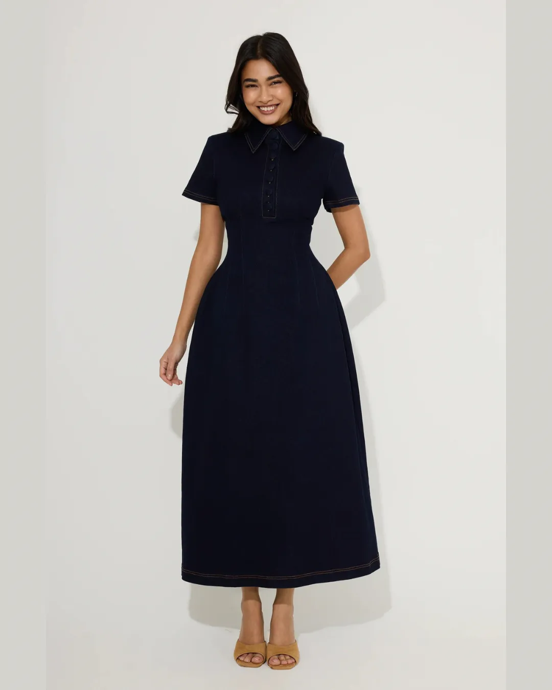 Denim Collared Midi Dress Indigo Blue Size S / AU 8, M / AU 10, L / AU 12 & XL / AU 14 by Odd Muse