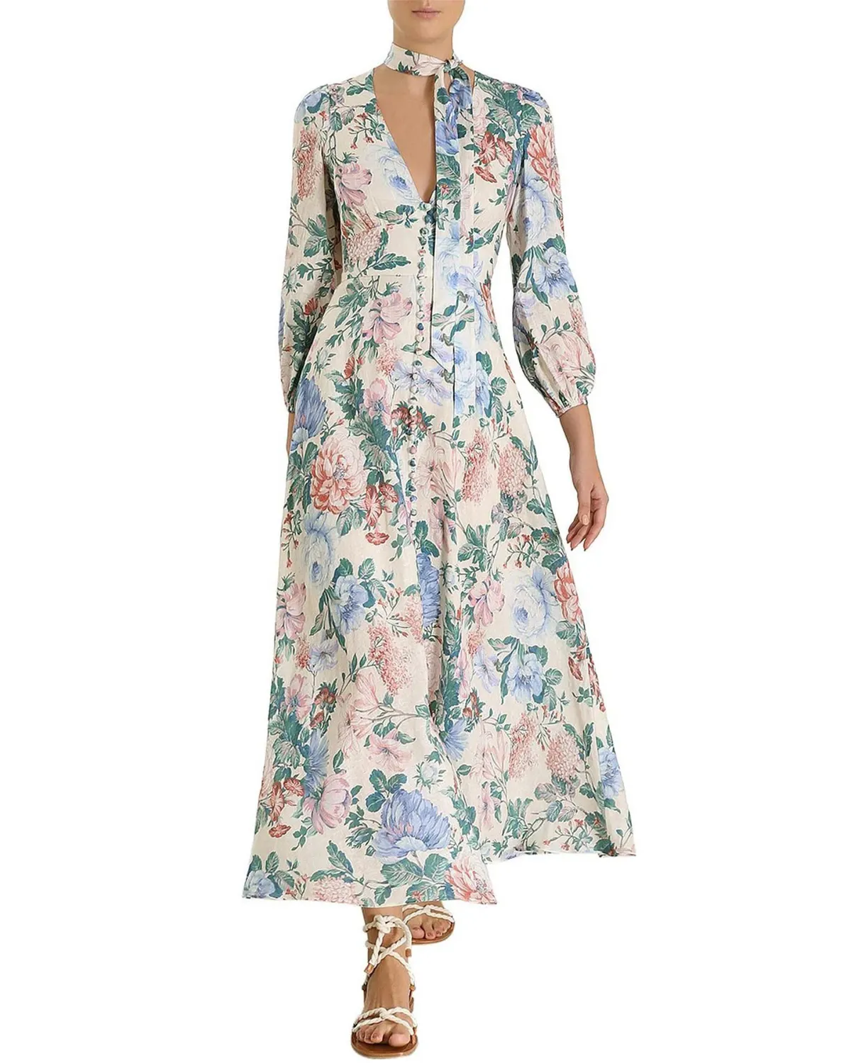 Verity Plunge Long Maxi Dress Soft Blue & Floral Print Size 1 / AU 10 by Zimmermann