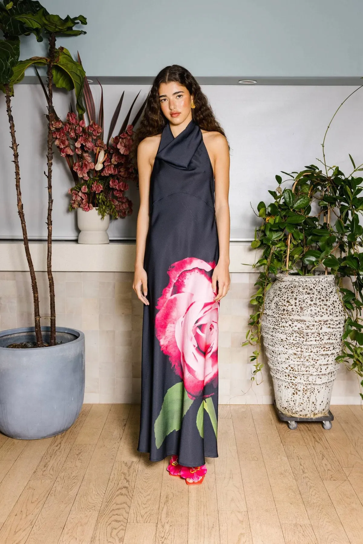 Cowl Slip Maxi Dress Rose Print & Black Size S / AU 8 & M / AU 10 by With Harper Lu