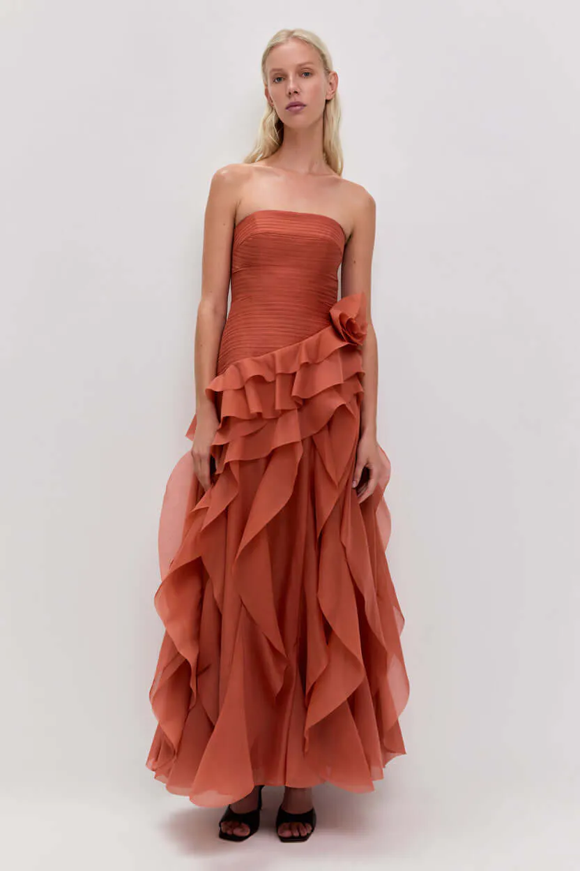 Canyon Gown Maxi Dress Coral Clay Orange Size 10 & 12 by Aje