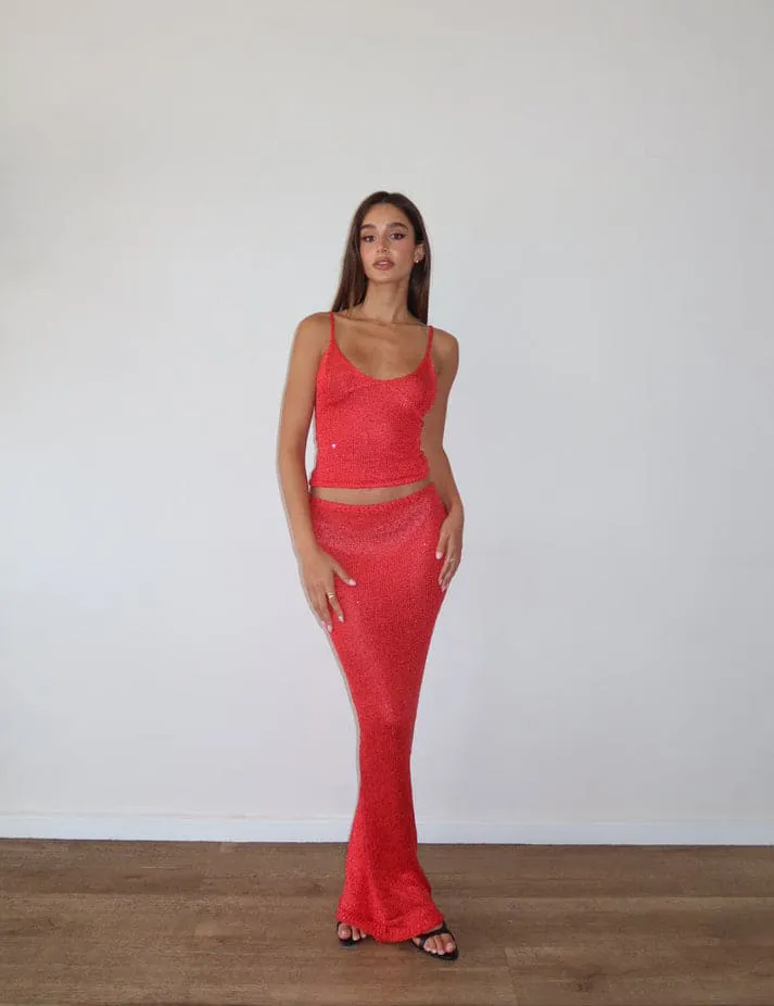 Carolina Sequin Top & Skirt Set Red Size 6 by Asta Resort