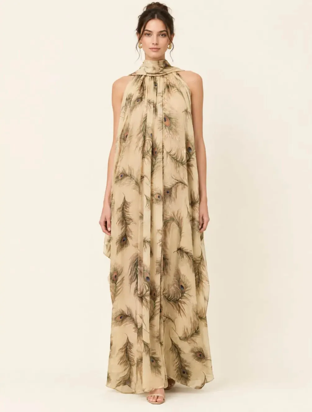 Ascent Burnout Halter Dress Cream & Feather Print Size 0 / AU 8 by Zimmermann