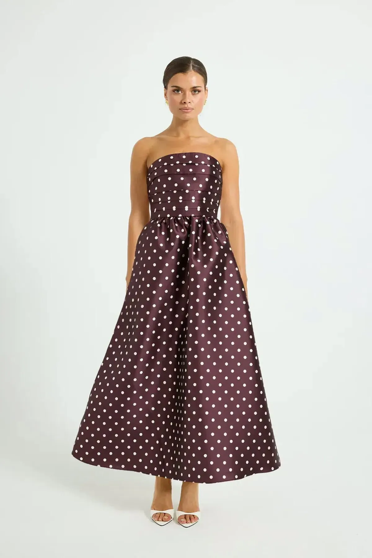 Alistair Strapless Polka Dot Midi Dress Blackberry & Cream Size 10 by Pasduchas
