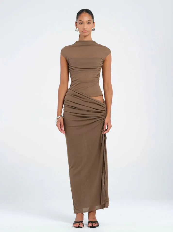 Milo Mesh Maxi Dress Mushroom Brown Size 12 by Benni