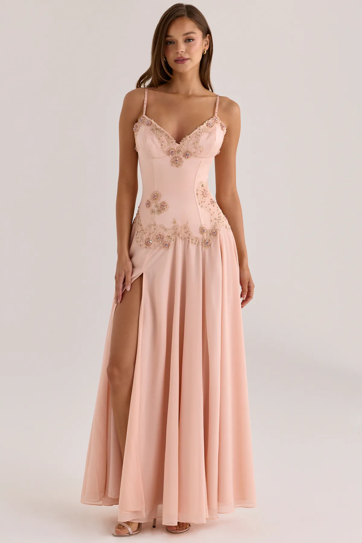 Saloma Blush Satin Custom Hand Beaded Embellished Maxi Dress Pink Size XS & S  by House Of CB